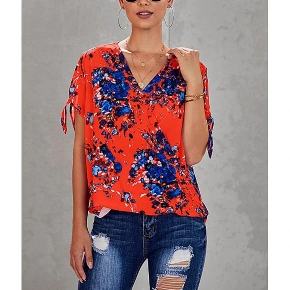 Red Floral Tie-Sleeve Surplice Top - Picture 4 of 5